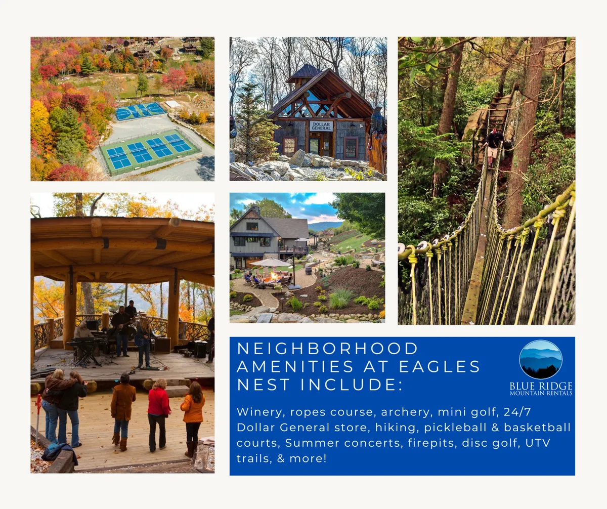 A lively exterior scene featuring the Eagles Nest North Pavilion area, with visible ropes course, archery range, mini golf area, community pavilion, and hiking trails. The area buzzes with activity, with families enjoying outdoor concerts, people engaged in sports, and groups exploring the trails. The festive and adventurous mood suggests community events and seasonal fun, with firepits and gathering spaces enhancing the atmosphere.